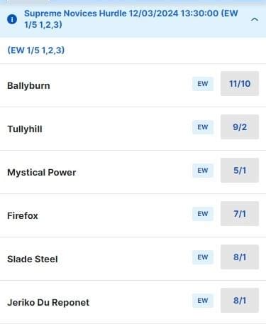 Supreme Novices Hurdle Betting Odds.